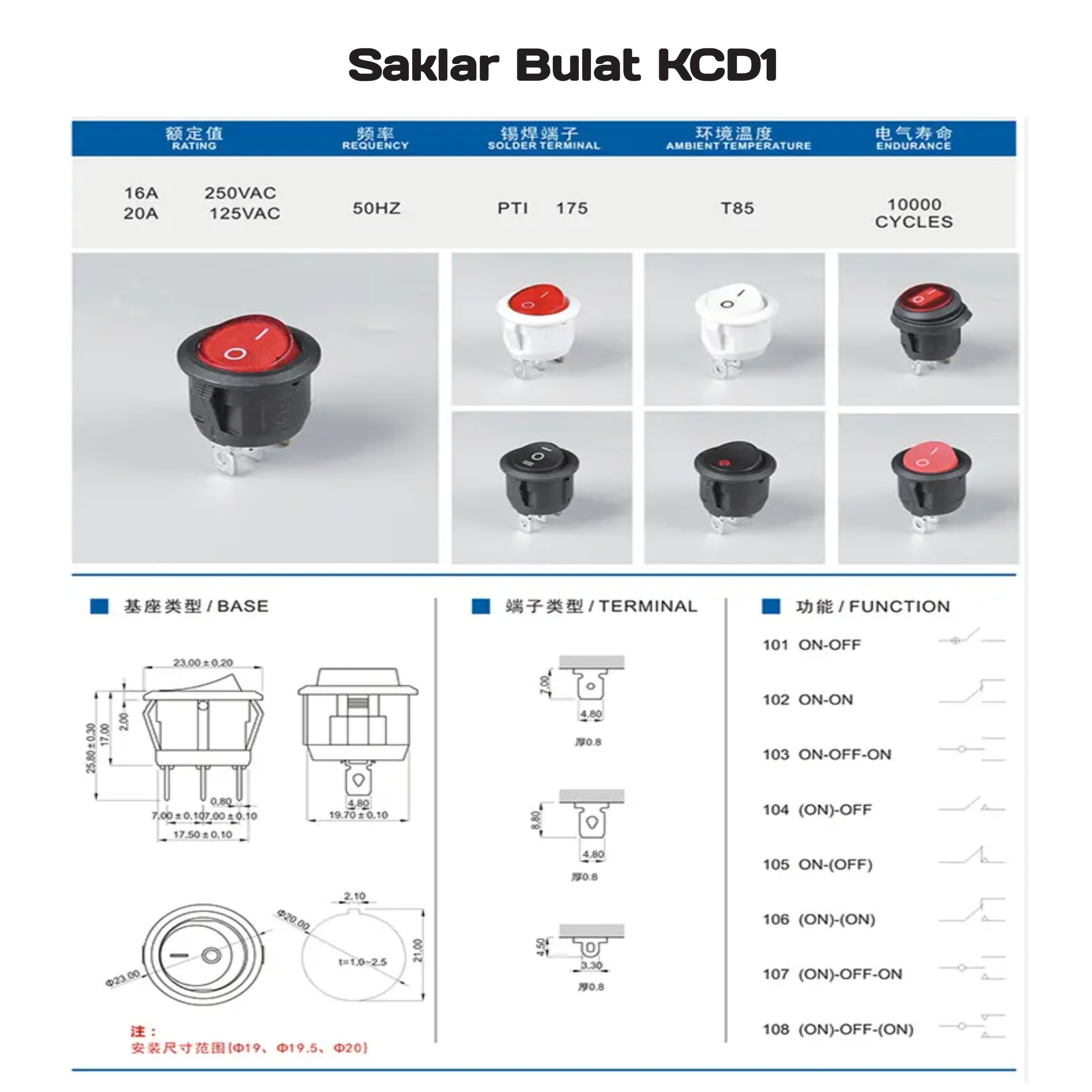 Saklar KCD1 bulat LED 3Pin-Hijau